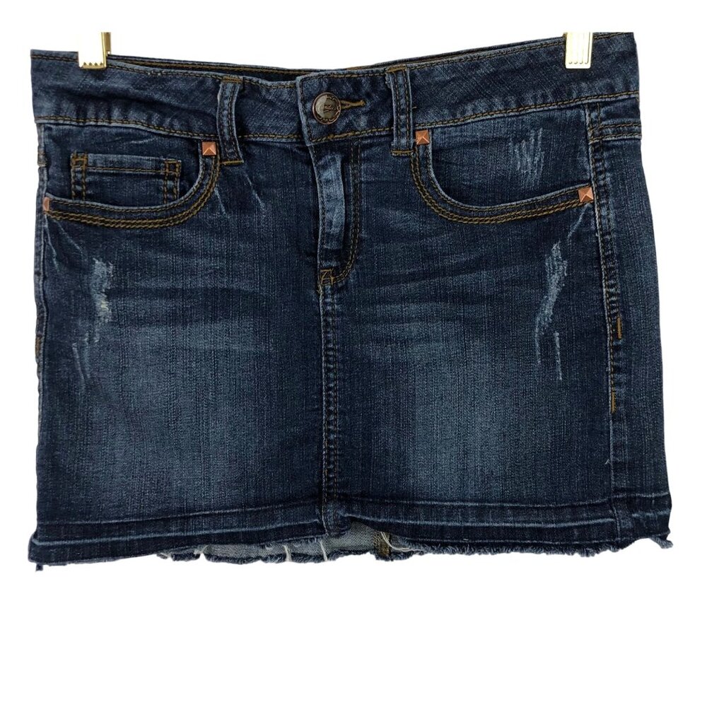 Candies Blue Denim Jean Skirt Distressed Frayed Raw Hem Size 5